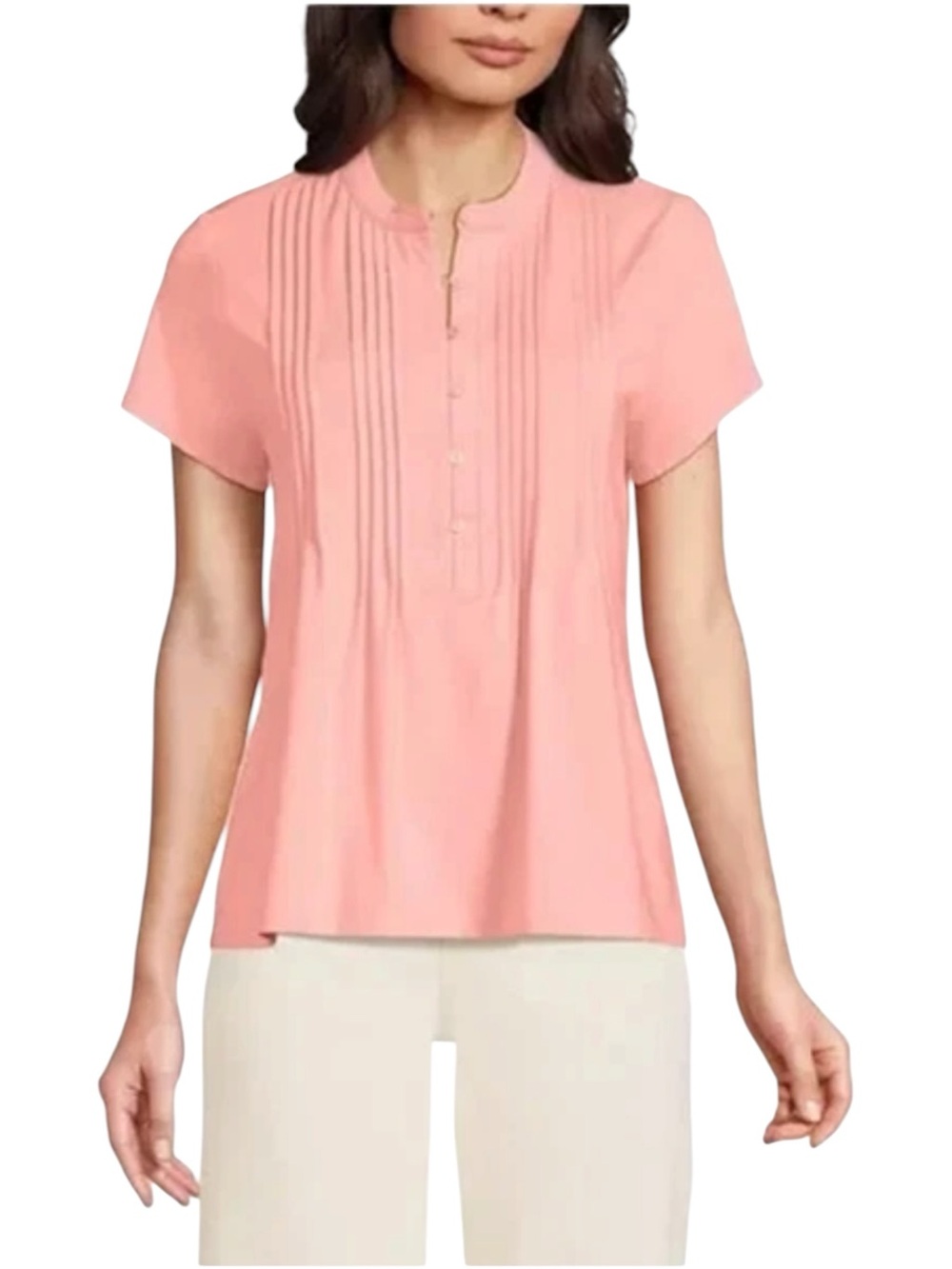 LANDS’ END Light Pink Pintuck Pleated Henley Modal Blend Blouse Top M
